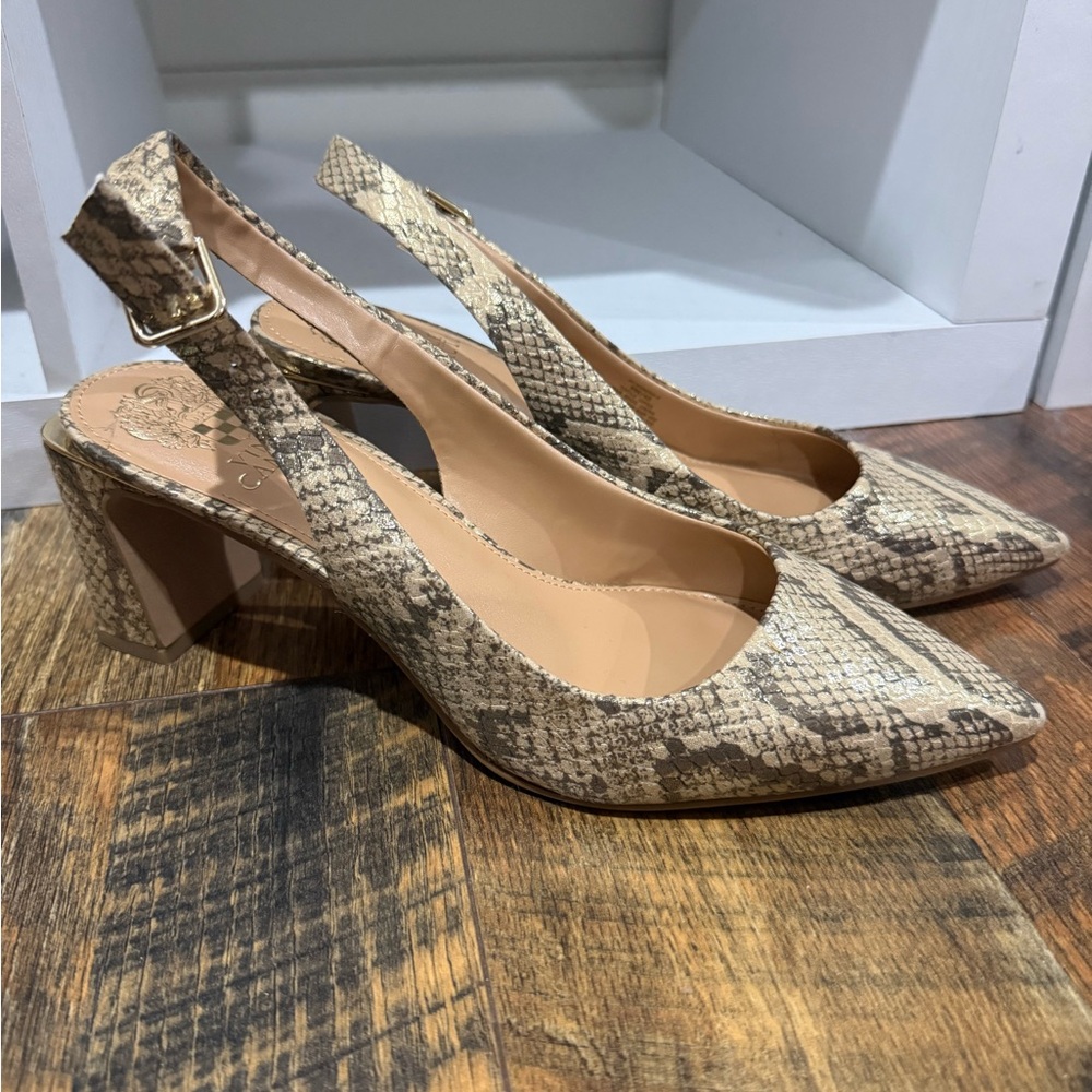 Vince Camuto Neutral Snake-Print Slingback Block Heel Pumps